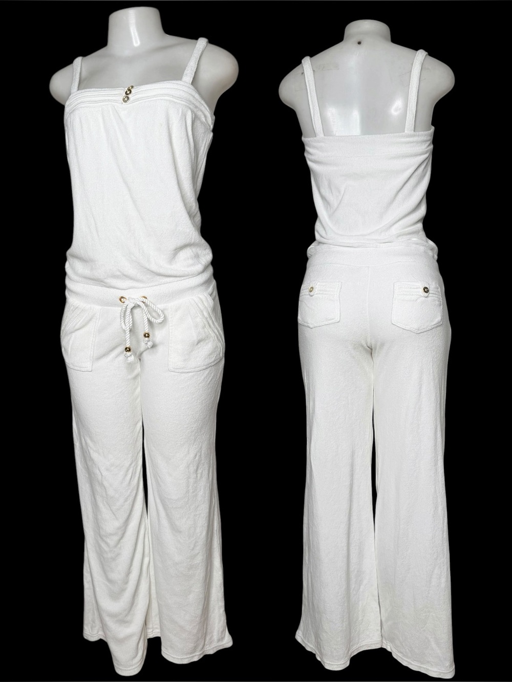 Y2K Juicy Couture White Terry Cloth Jumpsuit Wide Leg Lounge Romper Velour Small
